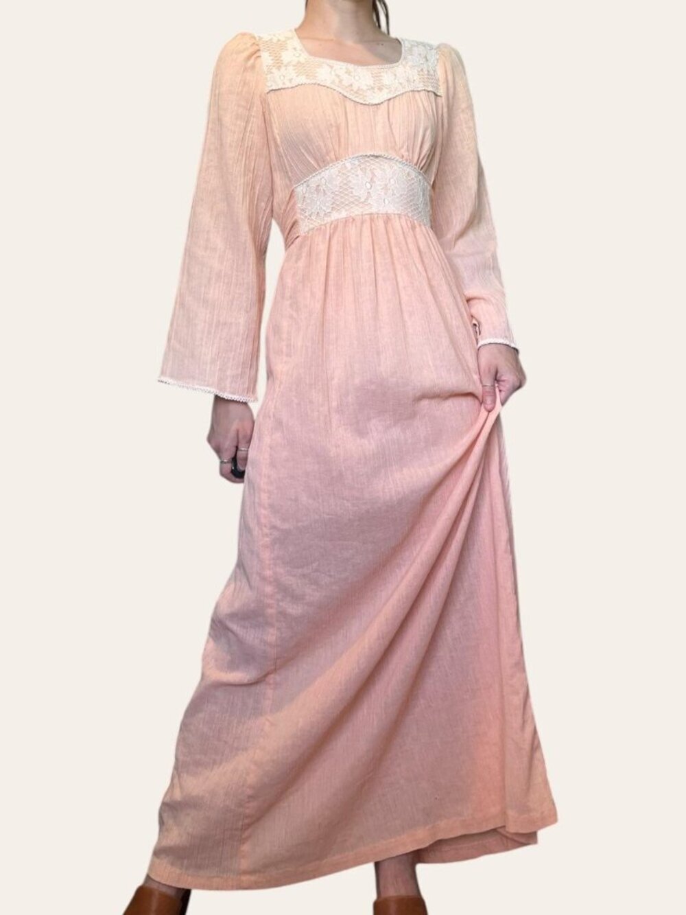 Handmade 70s vintage peach lace cottagecore maxi dress - XS/Small/Medium - Picture 3 of 6